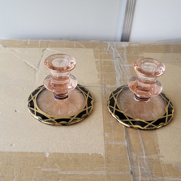 2 Lovely Pink Depression Glass Candle Holders Black design base GUC "BIN I" - Picture 1 of 7